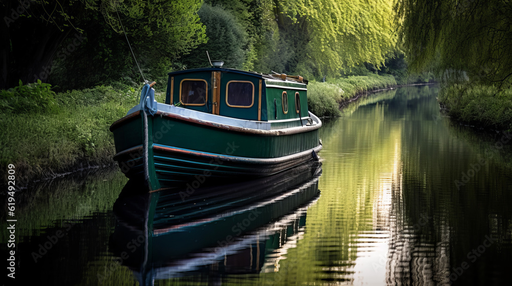 boat on the river, a green boat on a canal, generative ai boat on the river, a green boat on a canal, generative ai