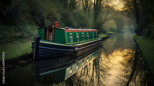 Obraz na płótnie boat on the river, a green boat on a canal, generative ai