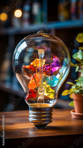 light bulb on dark background, a bright clear light bulb with color inside, generative ai