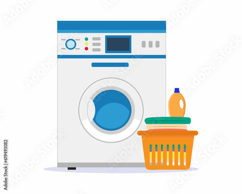 washing machine with dirty cloths baskets and detergent Laundry services.