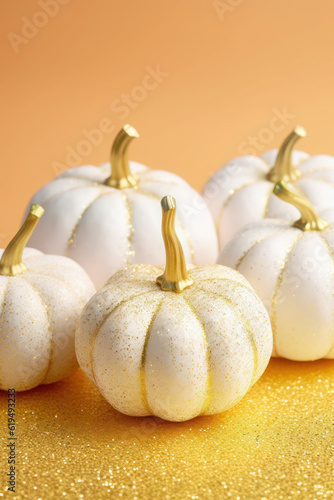 autumn composition with white pumpkins on a orange background. Halloween, Thanksgiving party. Generative, Generative AI