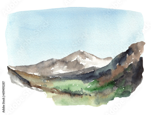 Watercolor foggy landscape with mountains and pine trees. Mountains hand drawn illustration