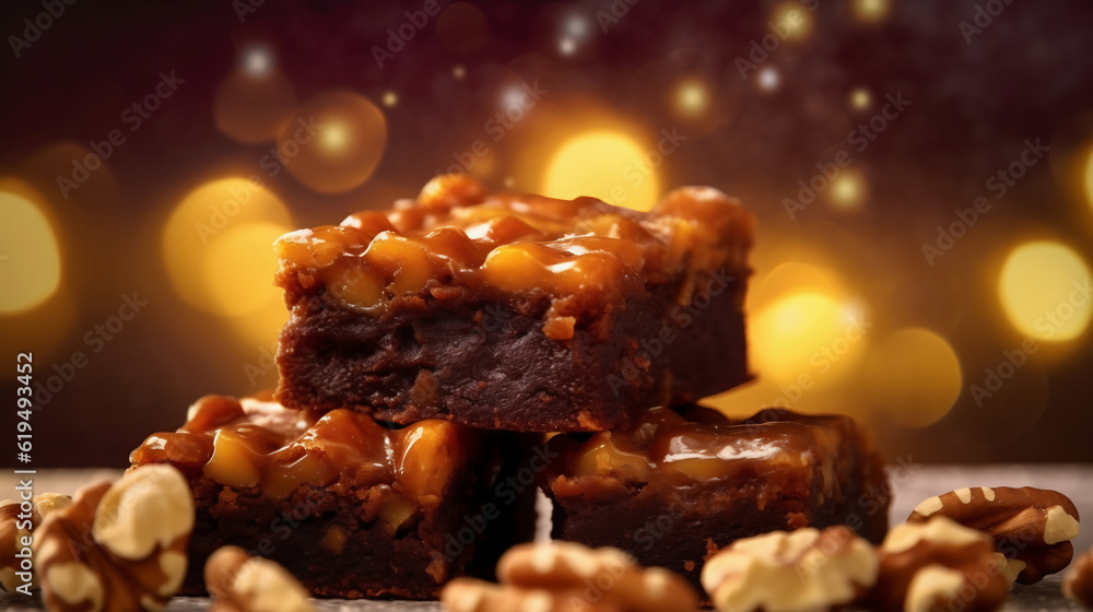 Caramel brownies with nuts on a dark background. Selective focus. Caramel brownies with nuts on a dark background. Selective focus.