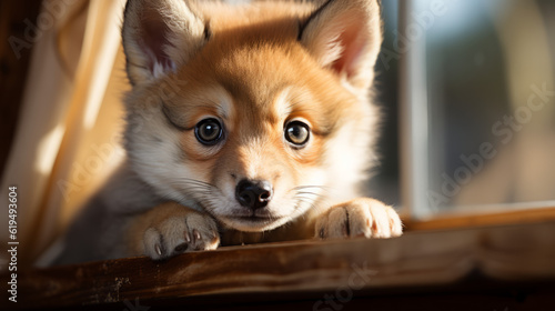 red fox portrait, cute baby puppy of a shiba inu, generative ai © TheGoldTiger