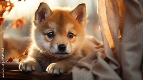 red fox portrait, cute baby puppy of a shiba inu, generative ai