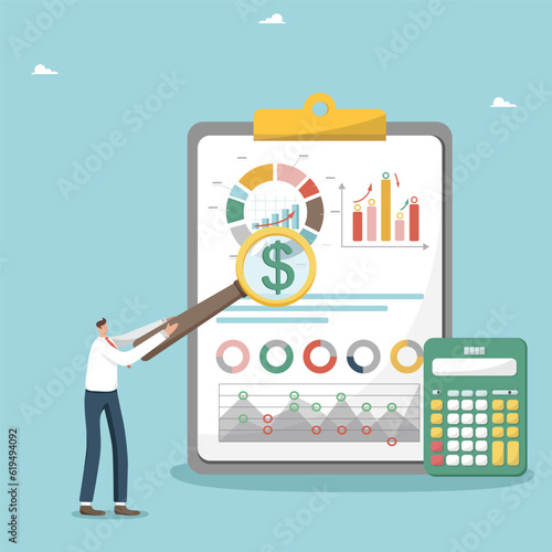 Estimating the cost of a project or estimate, calculating the budget, increasing the investment portfolio and savings, looking for new opportunities in making money, man analyzes income and expenses.