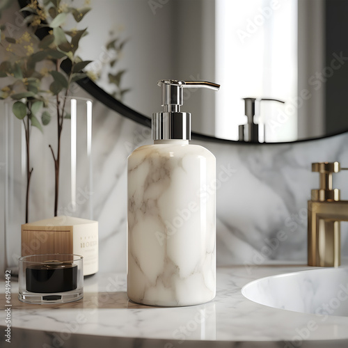 soap container white marble on sink of bathroom