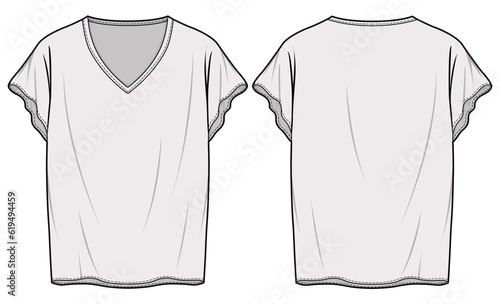 Loose Fit V-Neck Short Sleeve Top Blouse Front and Back View. Fashion Flat Sketch Vector Illustration, CAD, Technical Drawing, Flat Drawing, Template, Mockup.