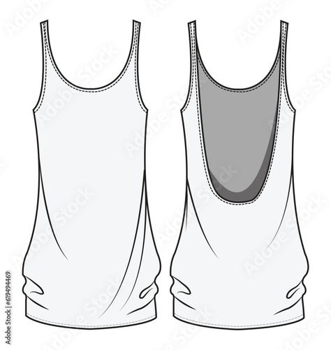 Gym Yoga Back Open Sleeveless Tank Top Front and Back View. Fashion Flat Sketch Vector Illustration, CAD, Technical Drawing, Flat Drawing, Template, Mockup.