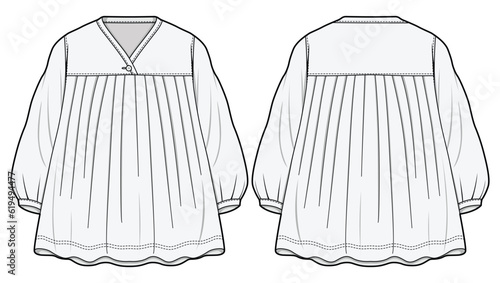 Kids Girls Bishop Sleeve V-Neck Empire Line Frill Frock Dress Front and Back View. Fashion Flat Sketch Vector Illustration, CAD, Technical Drawing, Flat Drawing, Template, Mockup.
