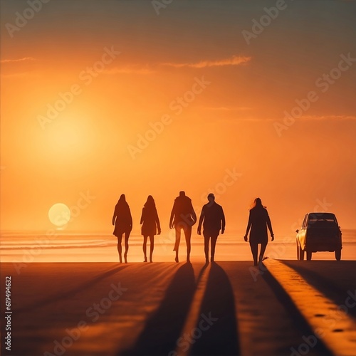 Friendship day  Silhouettes of family walking on beach at sunset  suitable for celebrate friendship day by generative ai