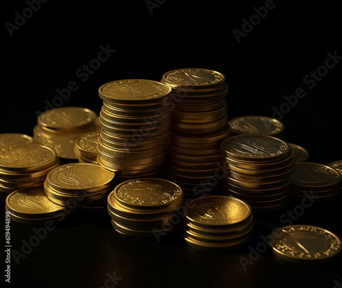 Set of realistic golden coins pile. Different Stacks of gold money, on black background Generative AI.