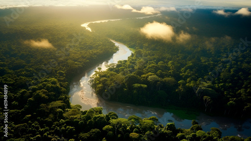 Aerial view of a majestic grand river through a lush green jungle. Generative AI