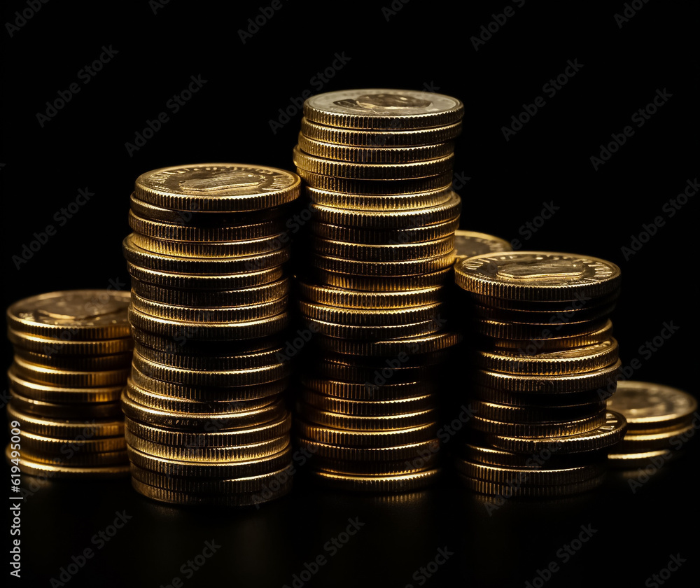 Set of realistic golden coins pile. Different Stacks of gold money, on black background Generative AI. Set of realistic golden coins pile. Different Stacks of gold money, on black background Generative AI.