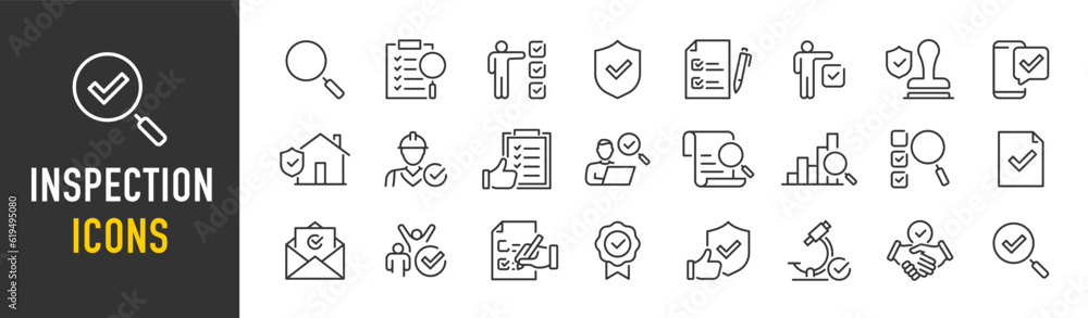 Inspection web icons in line style. Examination, testing, quality control, check, inspect, collection. Vector illustration. Inspection web icons in line style. Examination, testing, quality control, check, inspect, collection. Vector illustration.