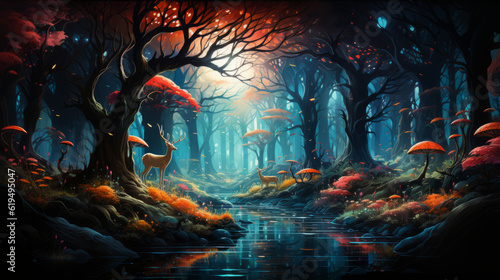 magic of the world, a magical forest full of mushrooms and creatures with moon in background, generative ai © TheGoldTiger