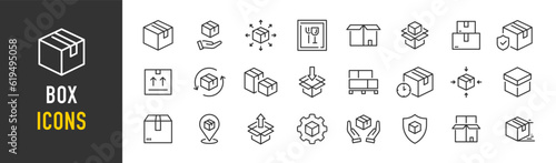 Box web icons in line style. Delivery box, package, cargo box, export, distribution, collection. Vector illustration.