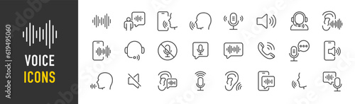 Voice web icons in line style. Sound wave, voice recognition, message, audio, speech, collection. Vector illustration.