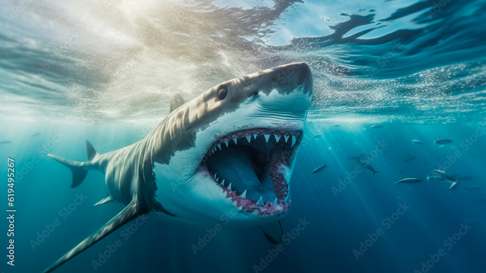 Fototapeta premium A menacing great white shark prowls the depths, jaws agape. Generative AI