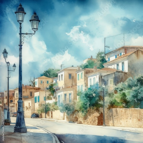 Light watercolor Greek small town bright tealcolor. Generative AI photo