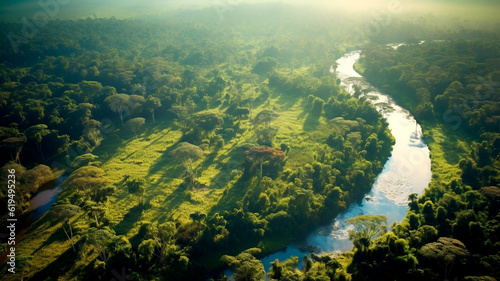 Aerial view of a majestic grand river through a lush green jungle. Generative AI © REC Stock Footage