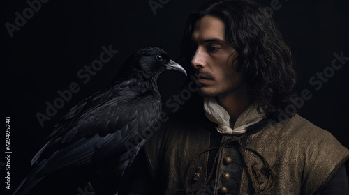 portrait of a person with a bird, man and his raven, generative ai