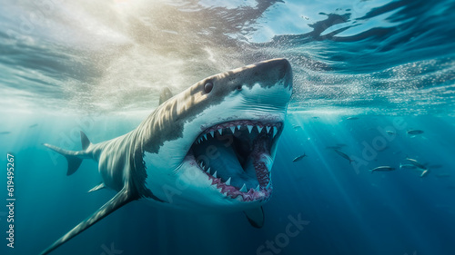 A menacing great white shark prowls the depths, jaws agape. Generative AI © REC Stock Footage