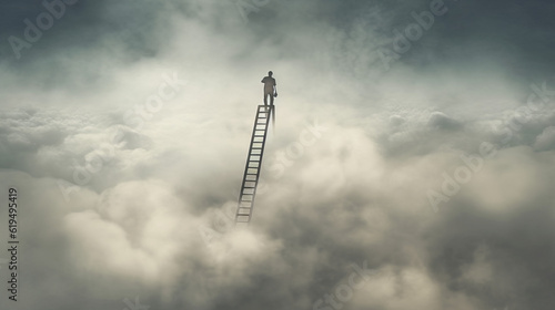 ladder to sky, man at the top of a ladder in clouds, generative ai