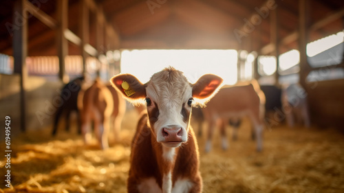 A calf lying on the straw farm with the gentle rays of sunlight. Generative AI