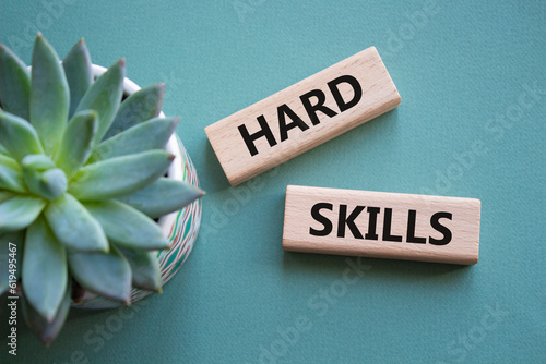 Hard skills symbol. Wooden blocks with words Hard skills. Beautiful grey green background with succulent plant. Business and Hard skills concept. Copy space.