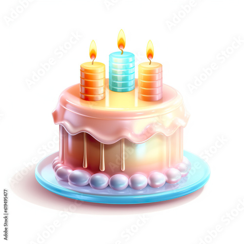 A cute Birthday cake with pastel colored cream and candles, clipart on white background, generative AI image photo