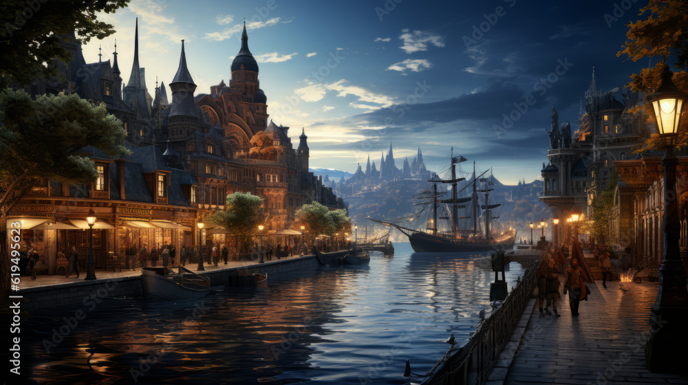Fototapeta premium city at night, medieval trading hub city, generative ai