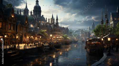 city at night, medieval trading hub city, generative ai © TheGoldTiger