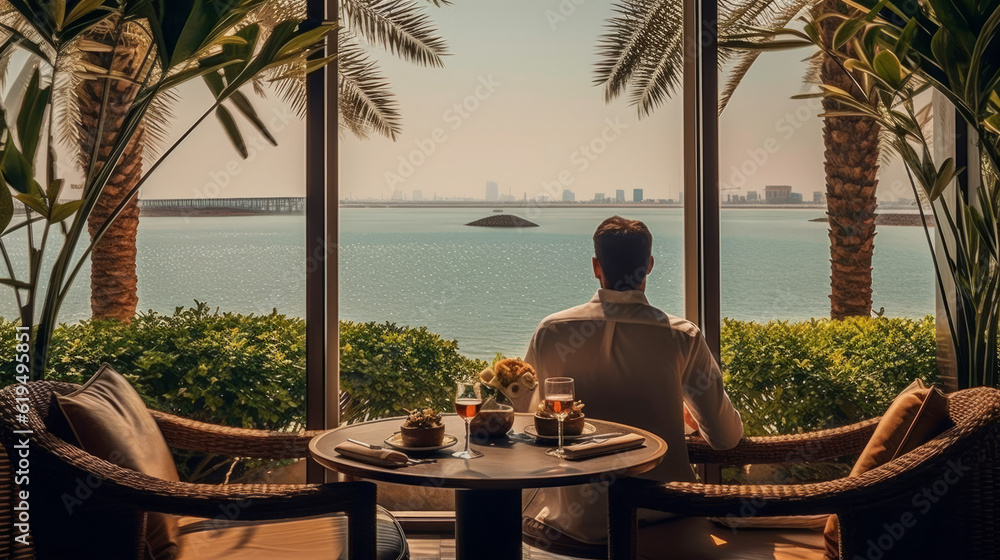 man sitting on the deck of the ship, handsome saudi guy wearing a suit sitting in luxury restaurant near water, generative ai man sitting on the deck of the ship, handsome saudi guy wearing a suit sitting in luxury restaurant near water, generative ai