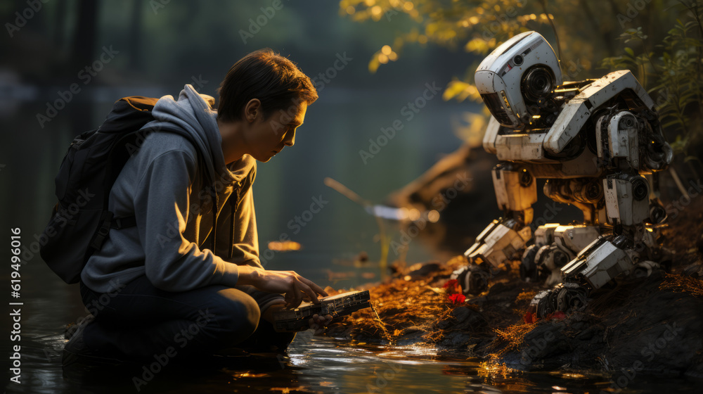 Human interact with robot on a river bank, generative ai Human interact with robot on a river bank, generative ai