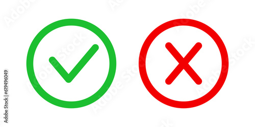 Wrong and right checkmark. Hand draw letter icon check mark in round frame yes and x. Red and green color sign isolated on white background. Tick box. Ok or cross. Done choice. Vector illustration