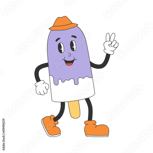 Cute popsicle character in y2k groovy style. Ice cream cartoon character in trendy retro style.