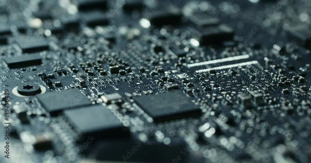 Electronic chip component on the blue printed pcb. Concept of computer hardware and digital computing of big data. Integrated circuit board with processor close up.