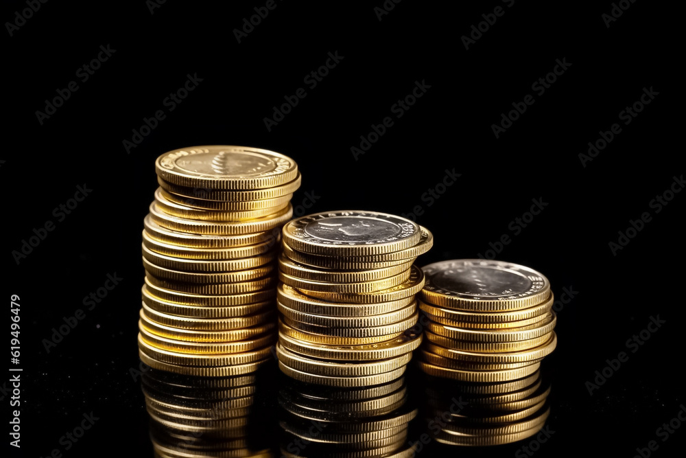 A striking display of stacked gold coins set against a solid black backdrop. generative AI. A striking display of stacked gold coins set against a solid black backdrop. generative AI.