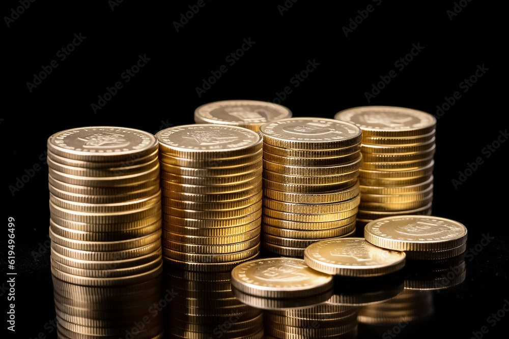 A striking display of stacked gold coins set against a solid black backdrop. generative AI. A striking display of stacked gold coins set against a solid black backdrop. generative AI.