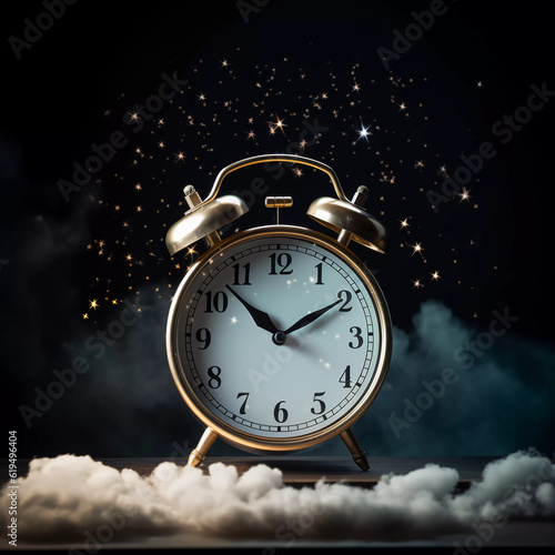 Alarm clock on fluffy white clouds and black background, time management concept, time of life, relax time to travel, deadline, generative ai
