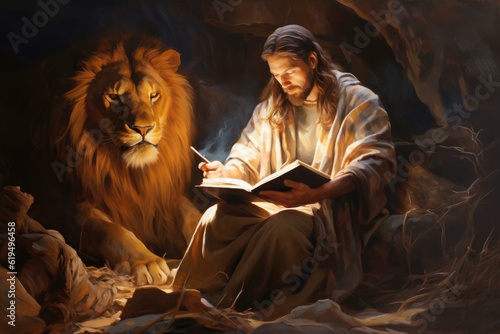 Fényképezés Daniel at the Lions Den Jesus Christ Lion of the Tribe of Judah Generative AI Il