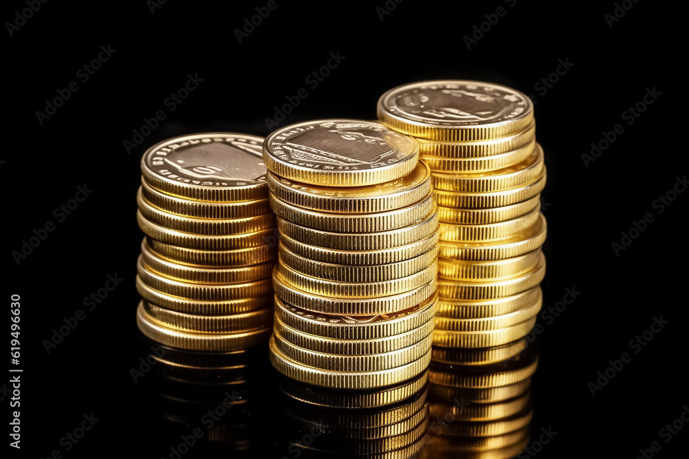 A striking display of stacked gold coins set against a solid black backdrop. generative AI. A striking display of stacked gold coins set against a solid black backdrop. generative AI.