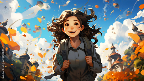 Joyful Girl With Backpack  Celebrating Nature Amidst Autumn Skyscape  Created with Generative AI Technology