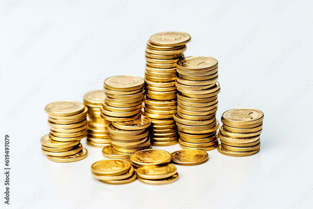 Golden coins rain down on a pristine white floor in a studio setting, reflecting light from powerful studio lights against a clean white background. Alternative AI. Golden coins rain down on a pristine white floor in a studio setting, reflecting light from powerful studio lights against a clean white background. Alternative AI.