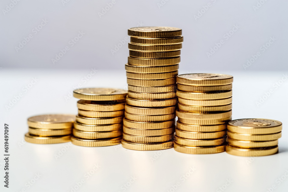 Golden coins rain down on a pristine white floor in a studio setting, reflecting light from powerful studio lights against a clean white background. Alternative AI. Golden coins rain down on a pristine white floor in a studio setting, reflecting light from powerful studio lights against a clean white background. Alternative AI.