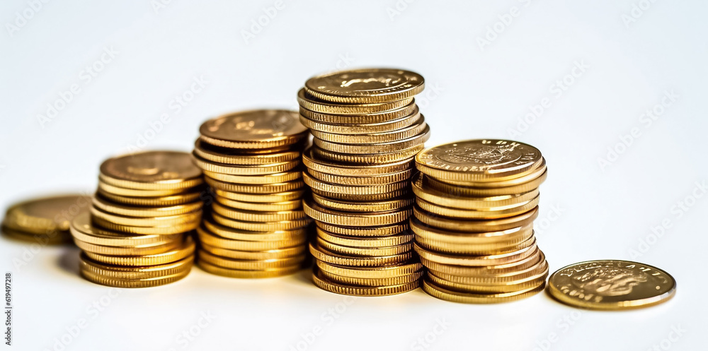 Golden coins rain down on a pristine white floor in a studio setting, reflecting light from powerful studio lights against a clean white background. Alternative AI. Golden coins rain down on a pristine white floor in a studio setting, reflecting light from powerful studio lights against a clean white background. Alternative AI.