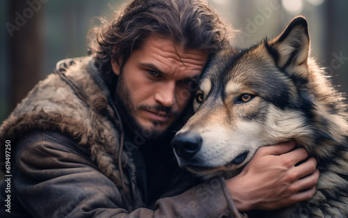 A man hugs a wolf, animal protection concept