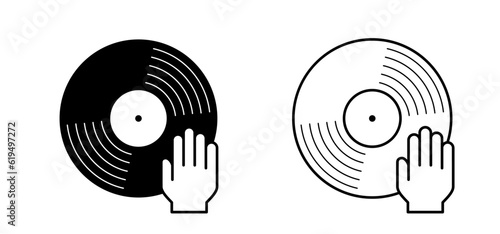 Cartoon hand scratching on vinyl or lp. The hands of DJ disk jockey turntable icon. Vinyl record album. Phonograph, music recording. Gramophone label and badge. dj hands. deejay in action.
