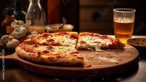 slice of pizza on a wooden board, detailed food commercial, generative ai
